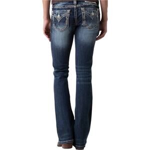 Miss Me Signature Bootcut Denim Jeans Stitch Logo Embroidered Dark Wash 28x31